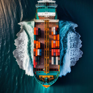 Aerial view of cargo ship with containers on the water surface.